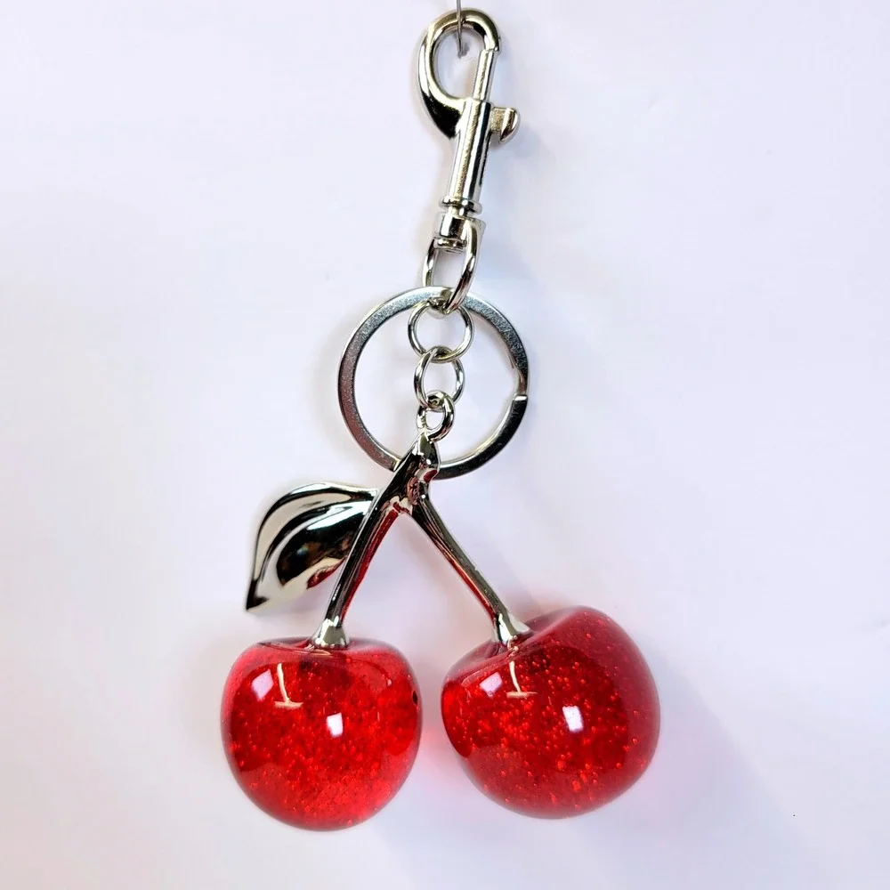 Bag Charm- Keychain Glitter Resin Double Cherry Red Women Rockabilly Kawaii Fun